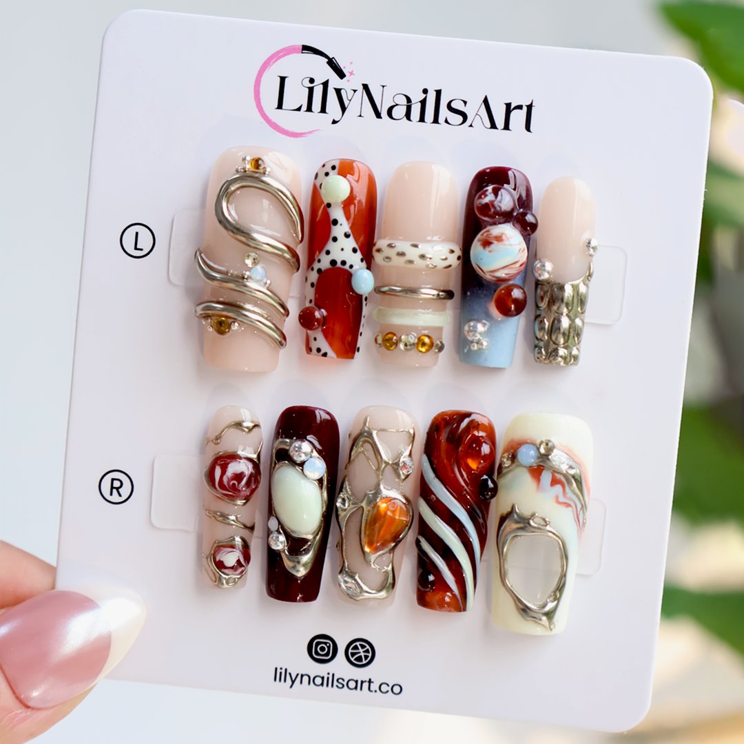 Molten Regalia Chrome Abstract Maximalist White Nude Press On Nails