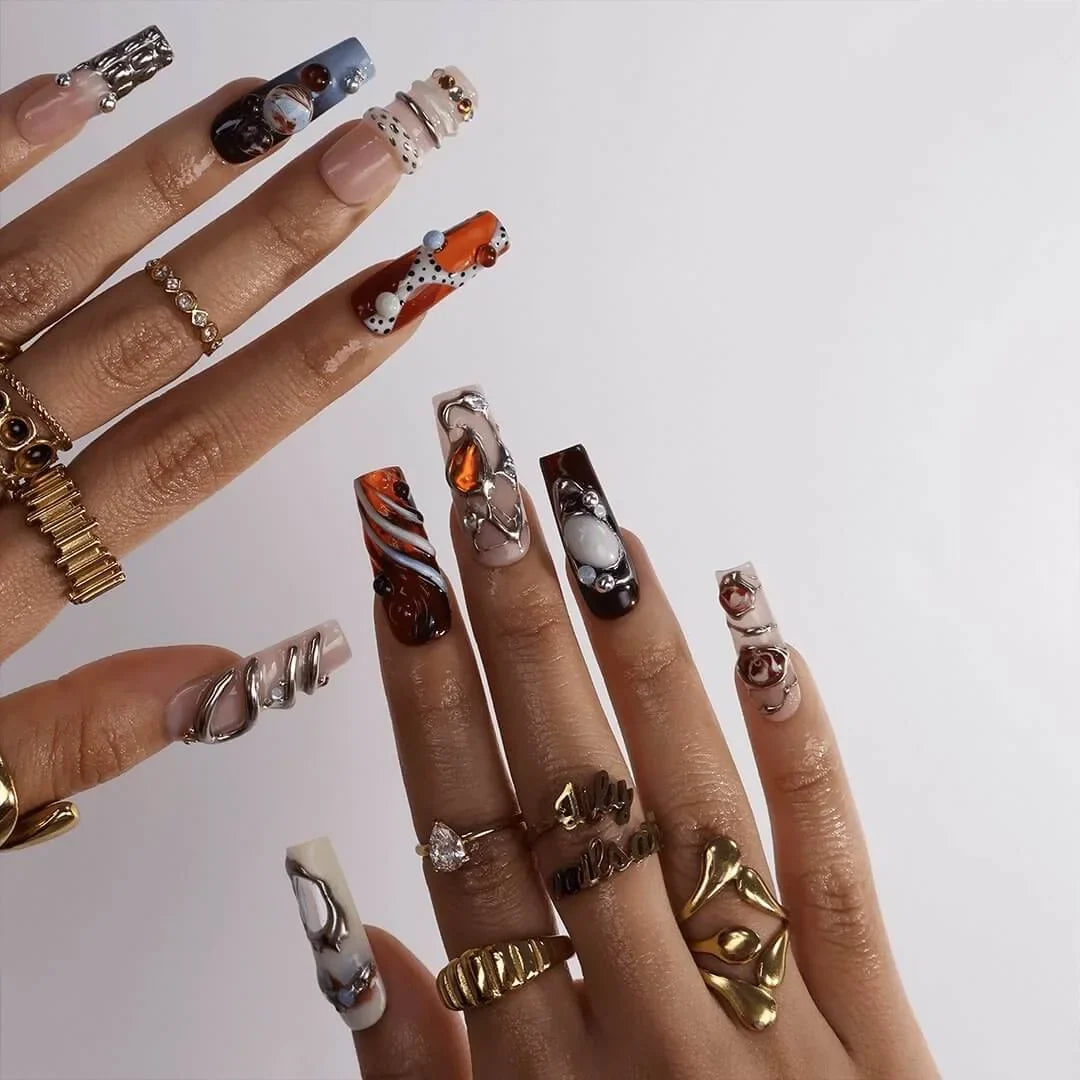 Molten Regalia Chrome Abstract Maximalist White Nude Press On Nails