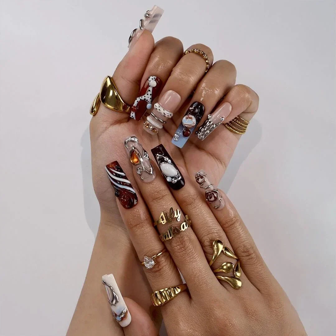 Molten Regalia Chrome Abstract Maximalist White Nude Press On Nails