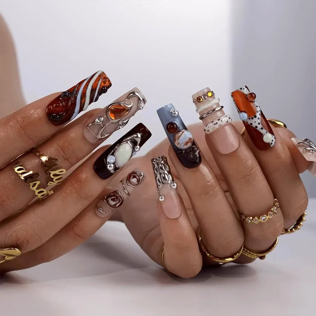 Molten Regalia Chrome Abstract Maximalist White Nude Press On Nails