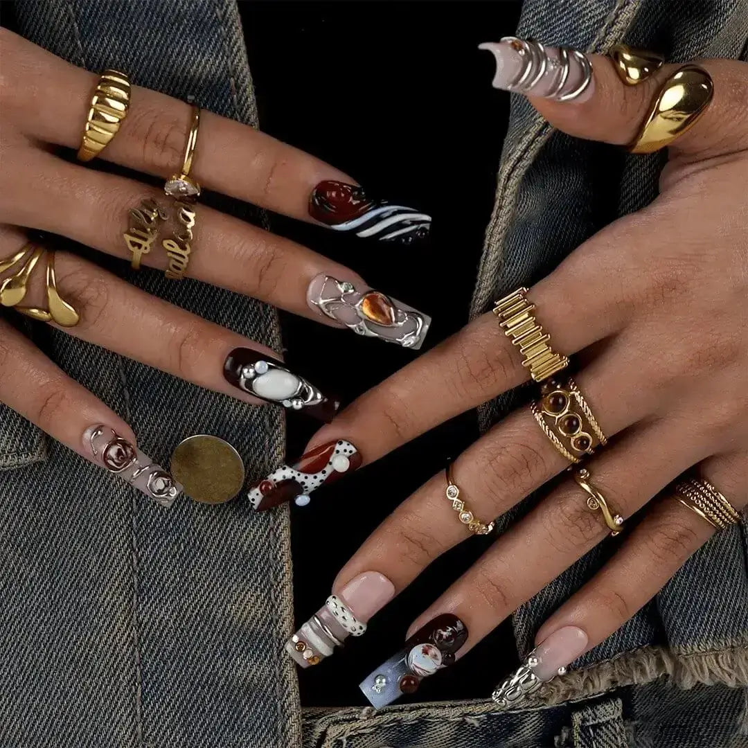 Molten Regalia Chrome Abstract Maximalist White Nude Press On Nails