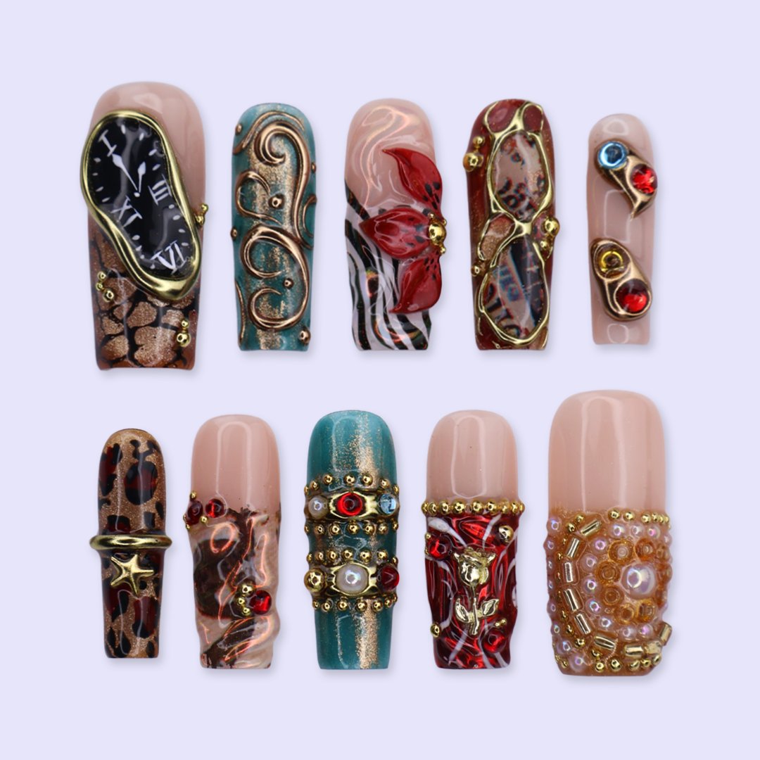 Filigree Vault Red Brown 3D Floral Jewelry Accent Press On Nails