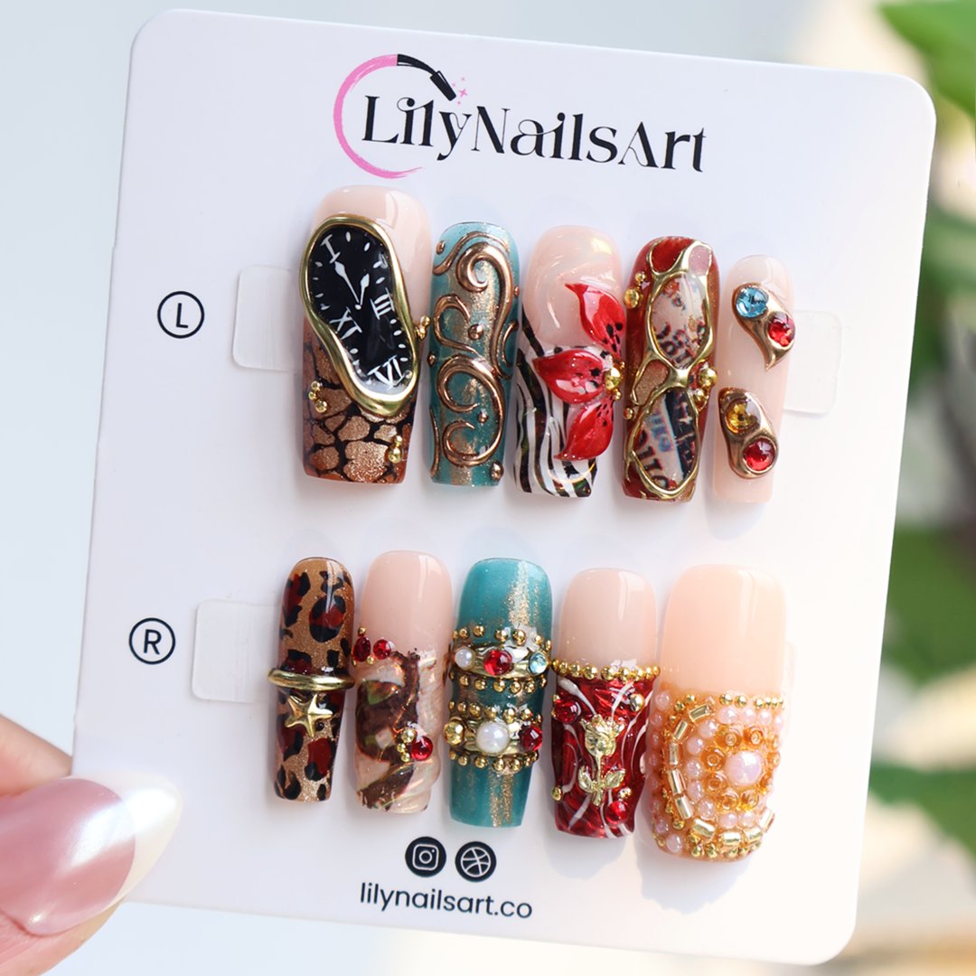 Filigree Vault Red Brown 3D Floral Jewelry Accent Press On Nails