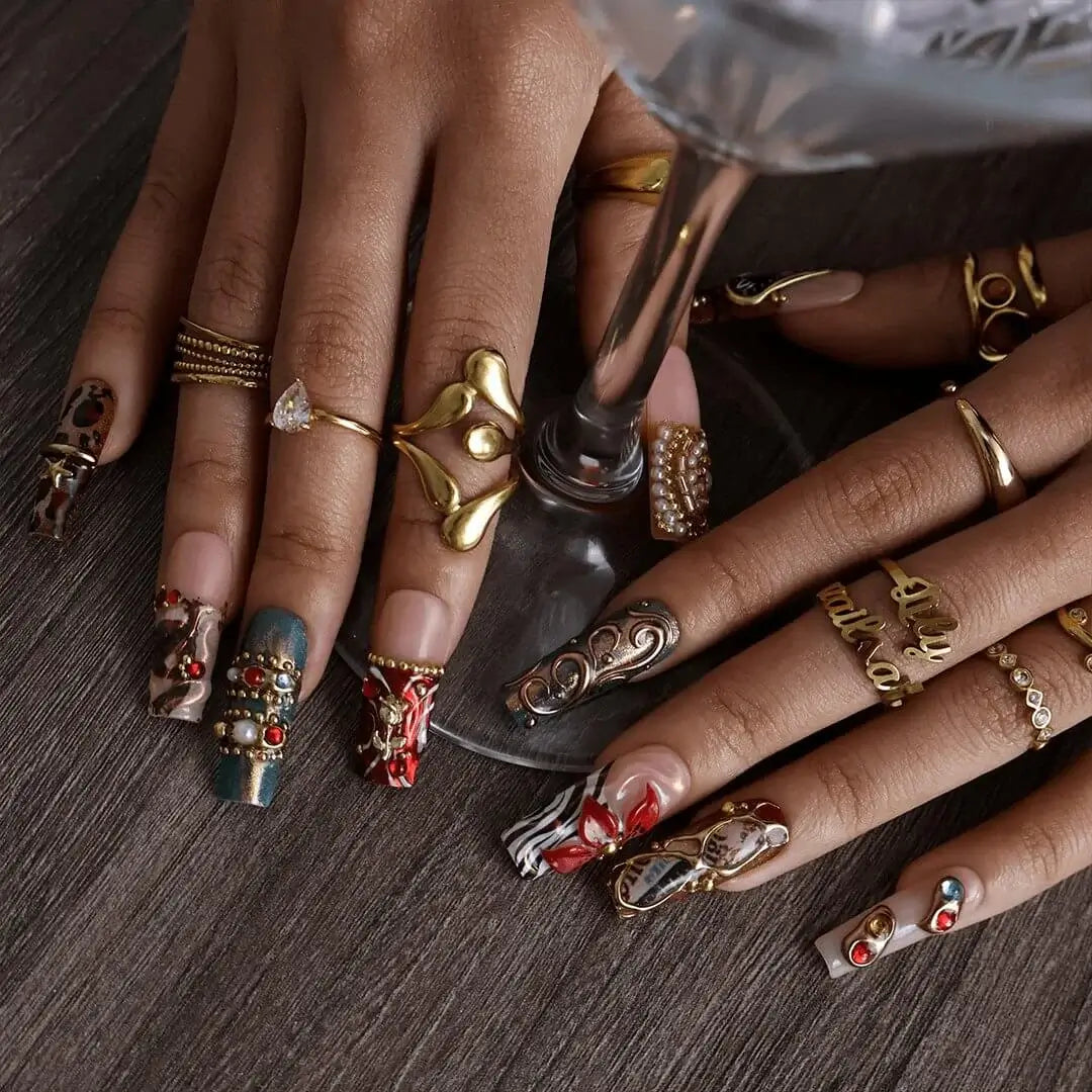 Filigree Vault Red Brown 3D Floral Jewelry Accent Press On Nails