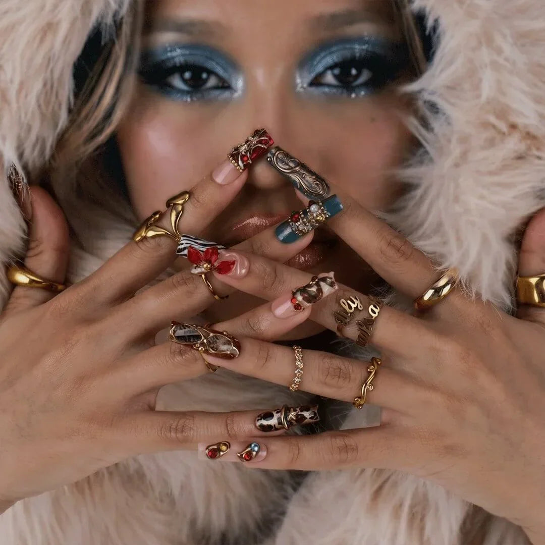 Filigree Vault Red Brown 3D Floral Jewelry Accent Press On Nails
