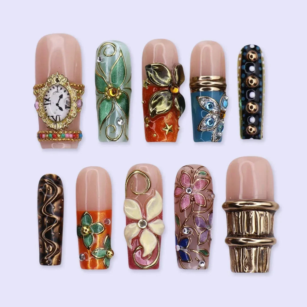 Baroque Green Gold 3D Floral Maximalist Press On Nails