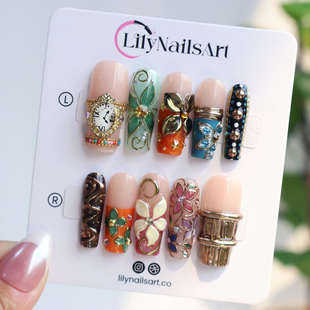 Baroque Green Gold 3D Floral Maximalist Press On Nails