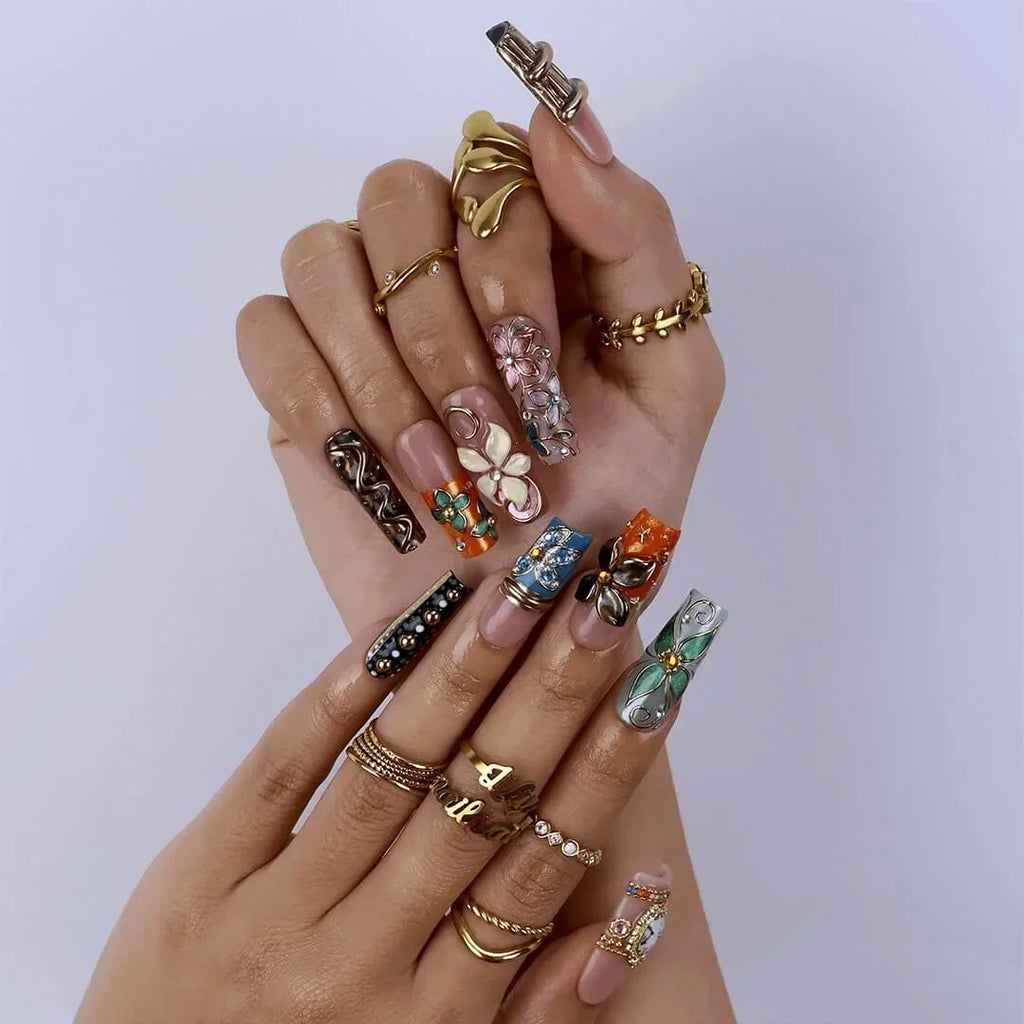Baroque Green Gold 3D Floral Maximalist Press On Nails