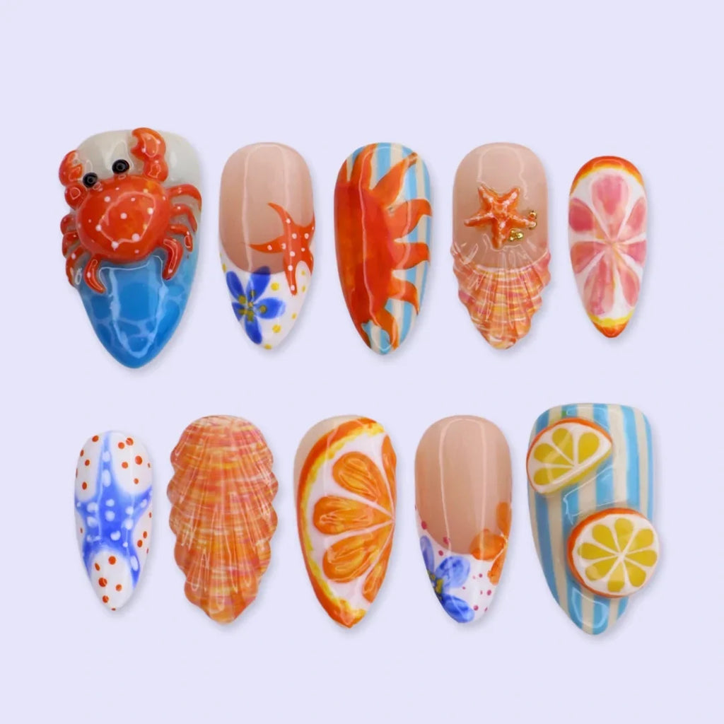 Crab & Seashell Blue Orange Press On Nails