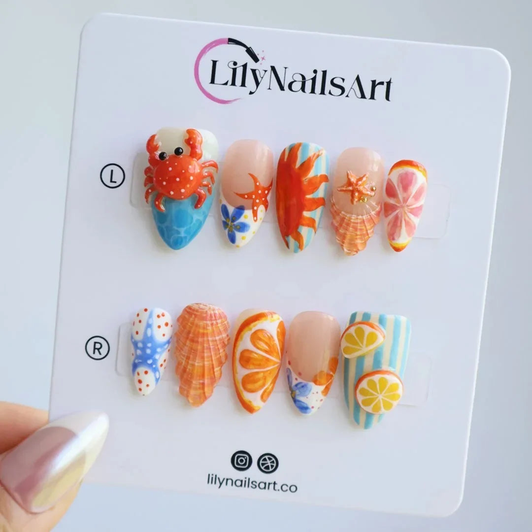 Crab & Seashell Blue Orange Press On Nails