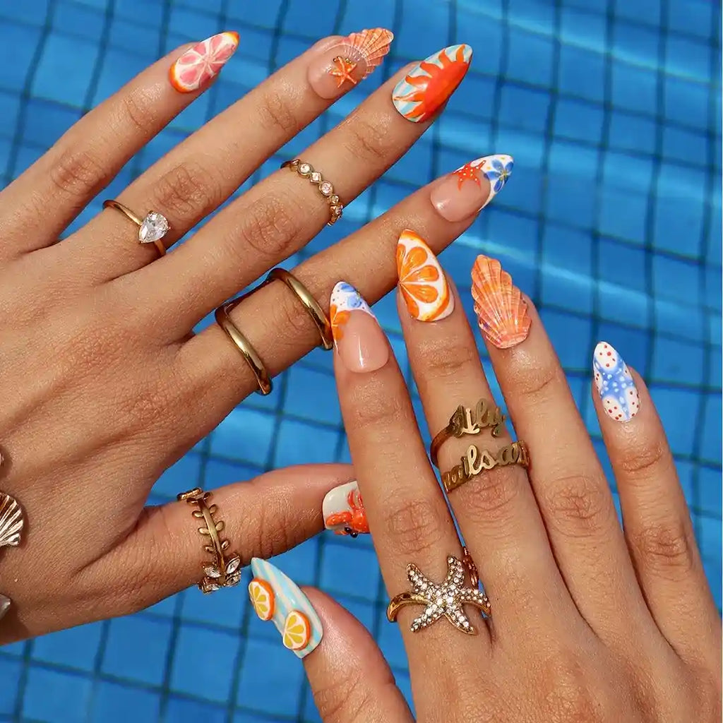 Crab & Seashell Blue Orange Press On Nails
