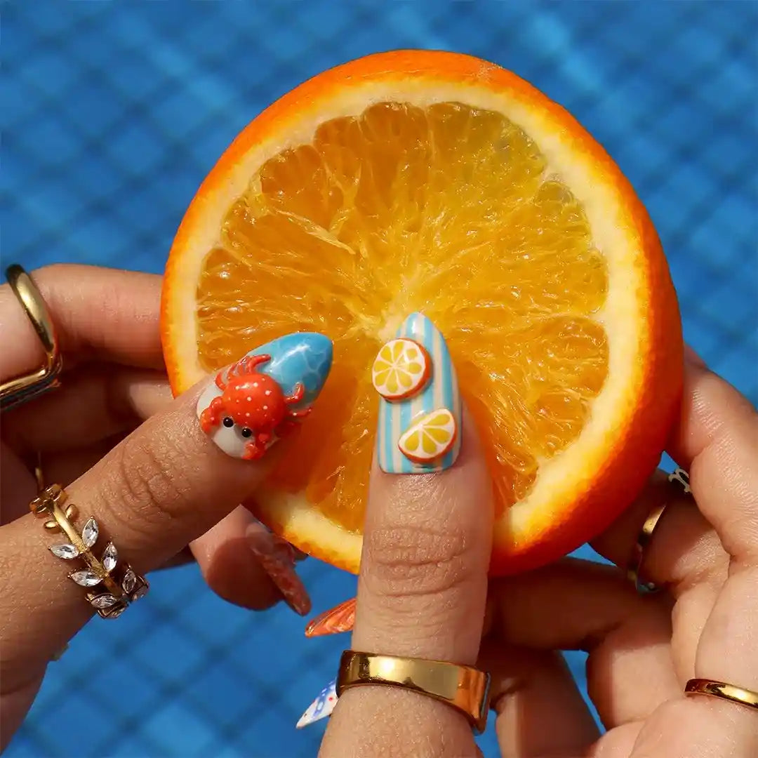Crab & Seashell Blue Orange Press On Nails