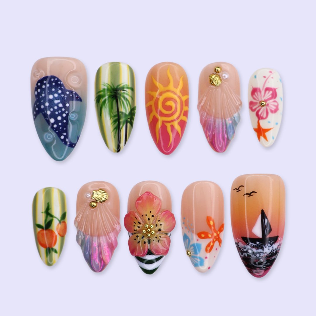 Florida Summer Blue Orange 3D Floral Press On Nails