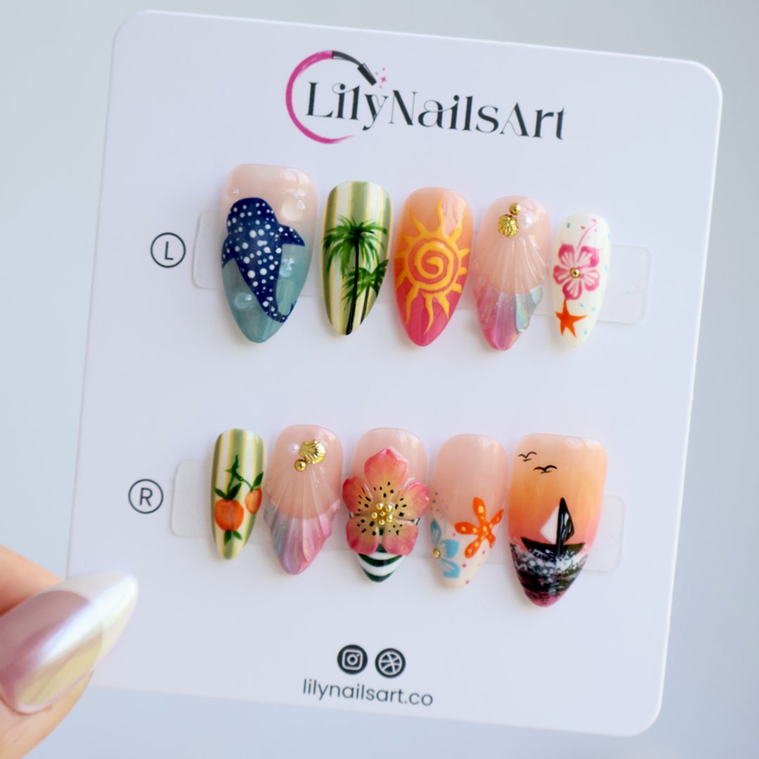 Florida Summer Blue Orange 3D Floral Press On Nails
