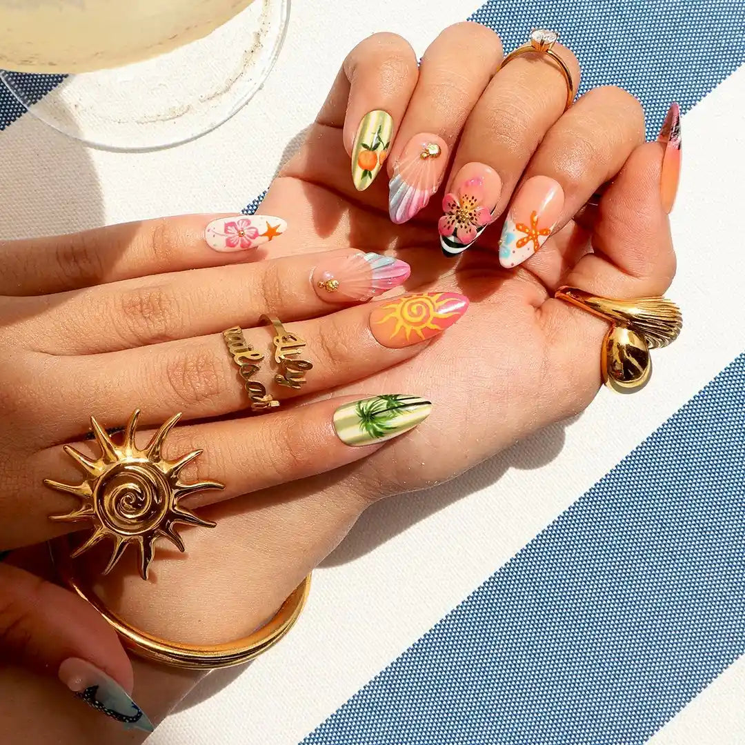 Florida Summer Blue Orange 3D Floral Press On Nails