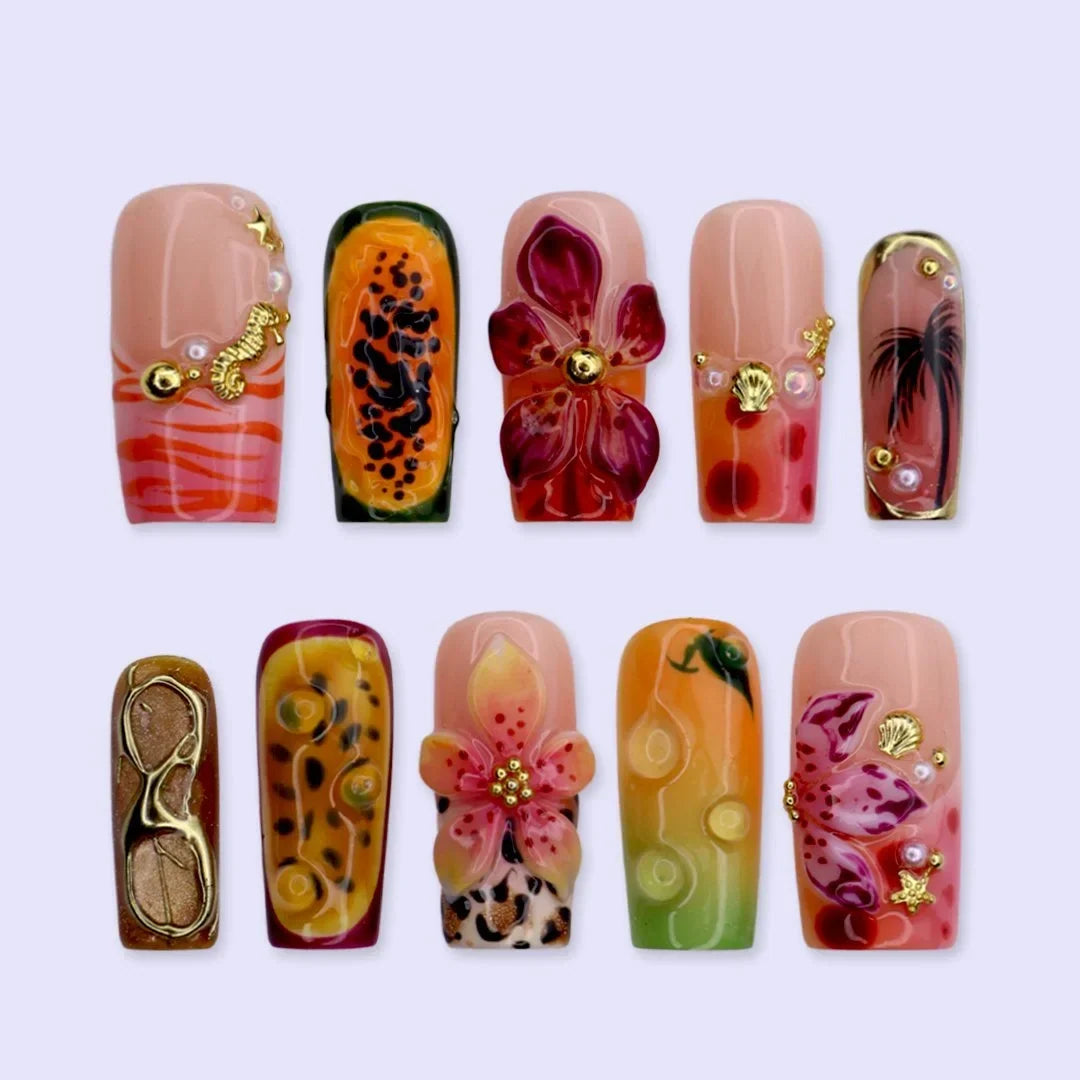 Hot Girl Summer 3D Floral Fruit Red Green Press On Nails