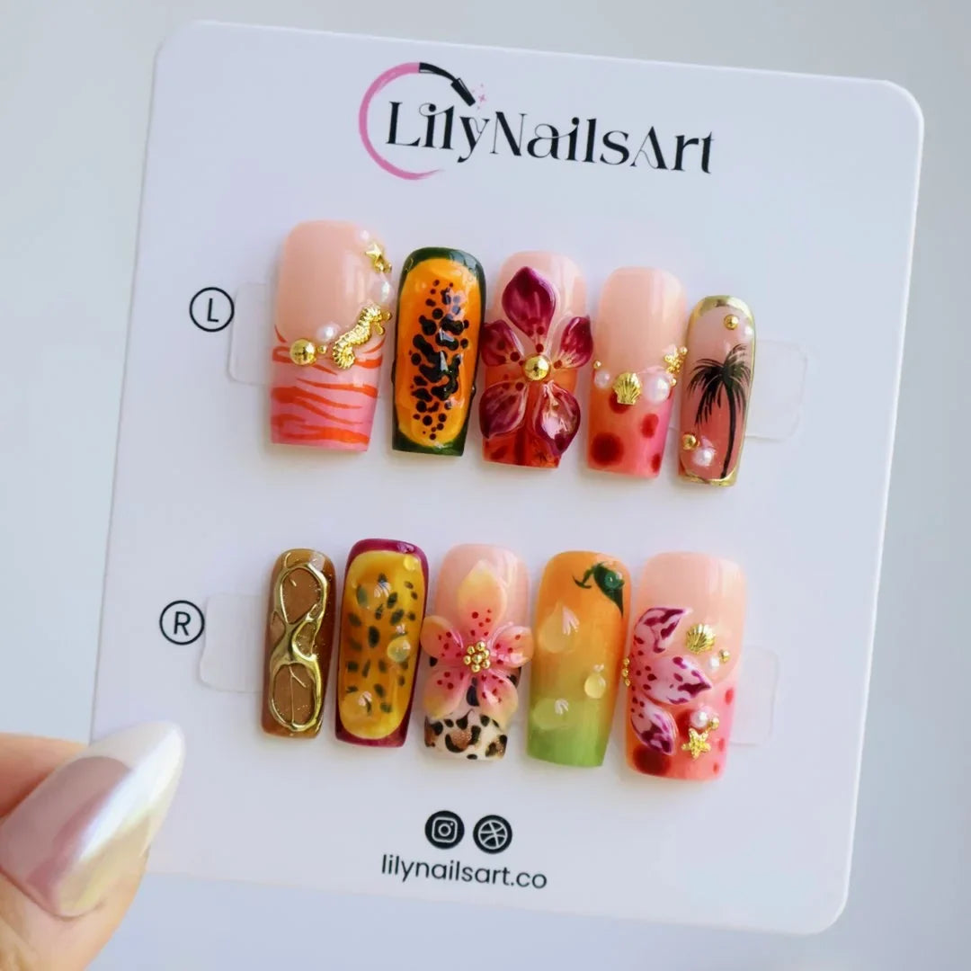 Hot Girl Summer 3D Floral Fruit Red Green Press On Nails