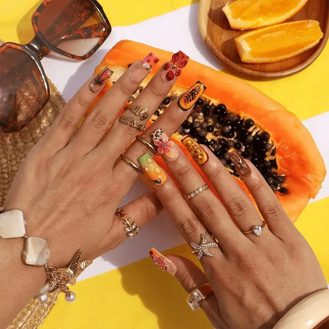 Hot Girl Summer 3D Floral Fruit Red Green Press On Nails