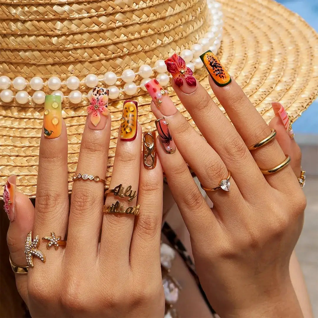 Hot Girl Summer 3D Floral Fruit Red Green Press On Nails