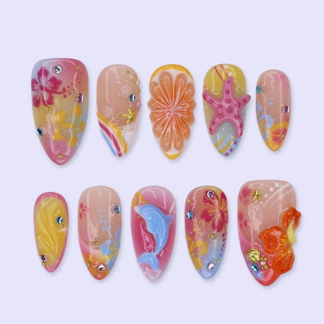 Lush Life 3D Floral Tropical Pink Orange Press On Nails