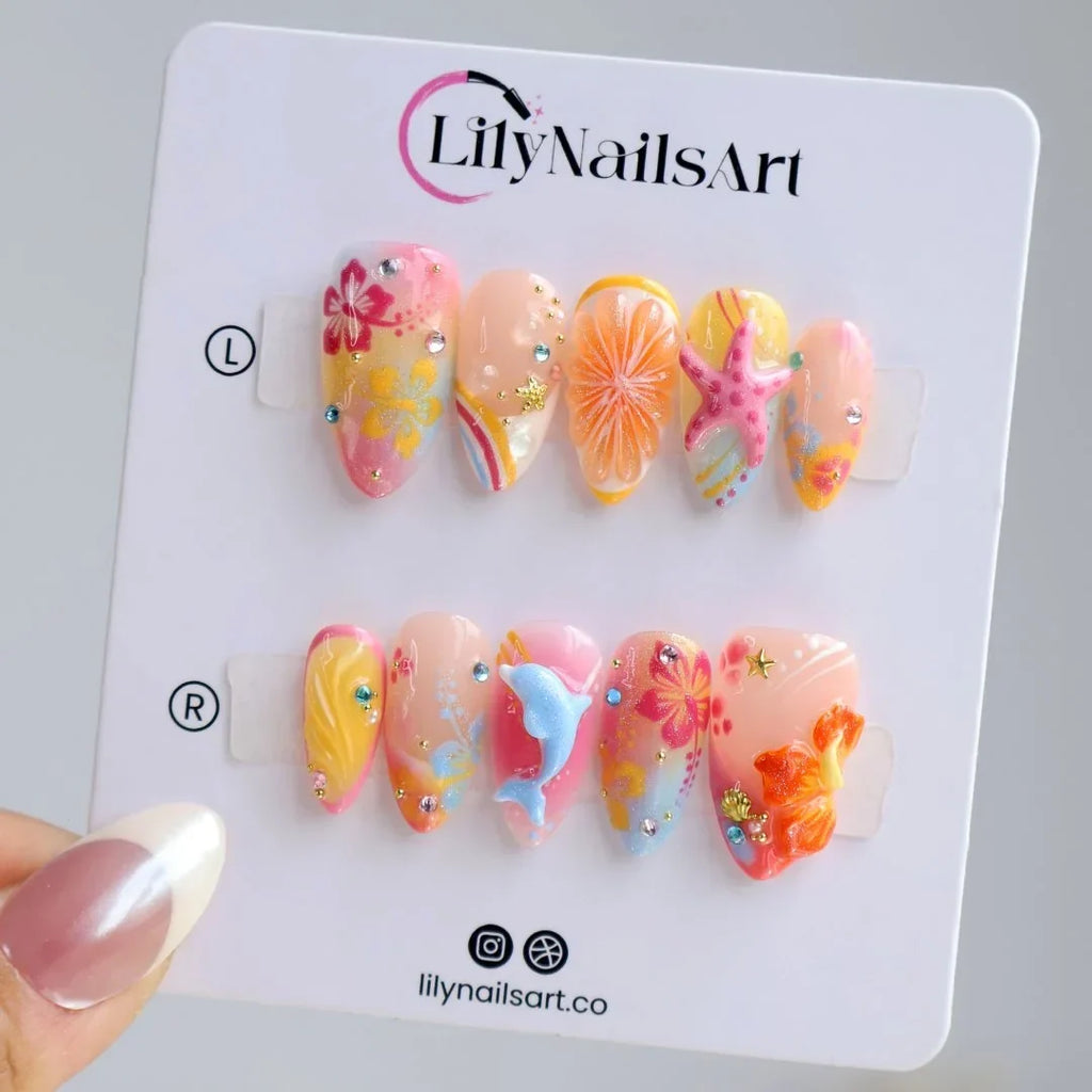 Lush Life 3D Floral Tropical Pink Orange Press On Nails
