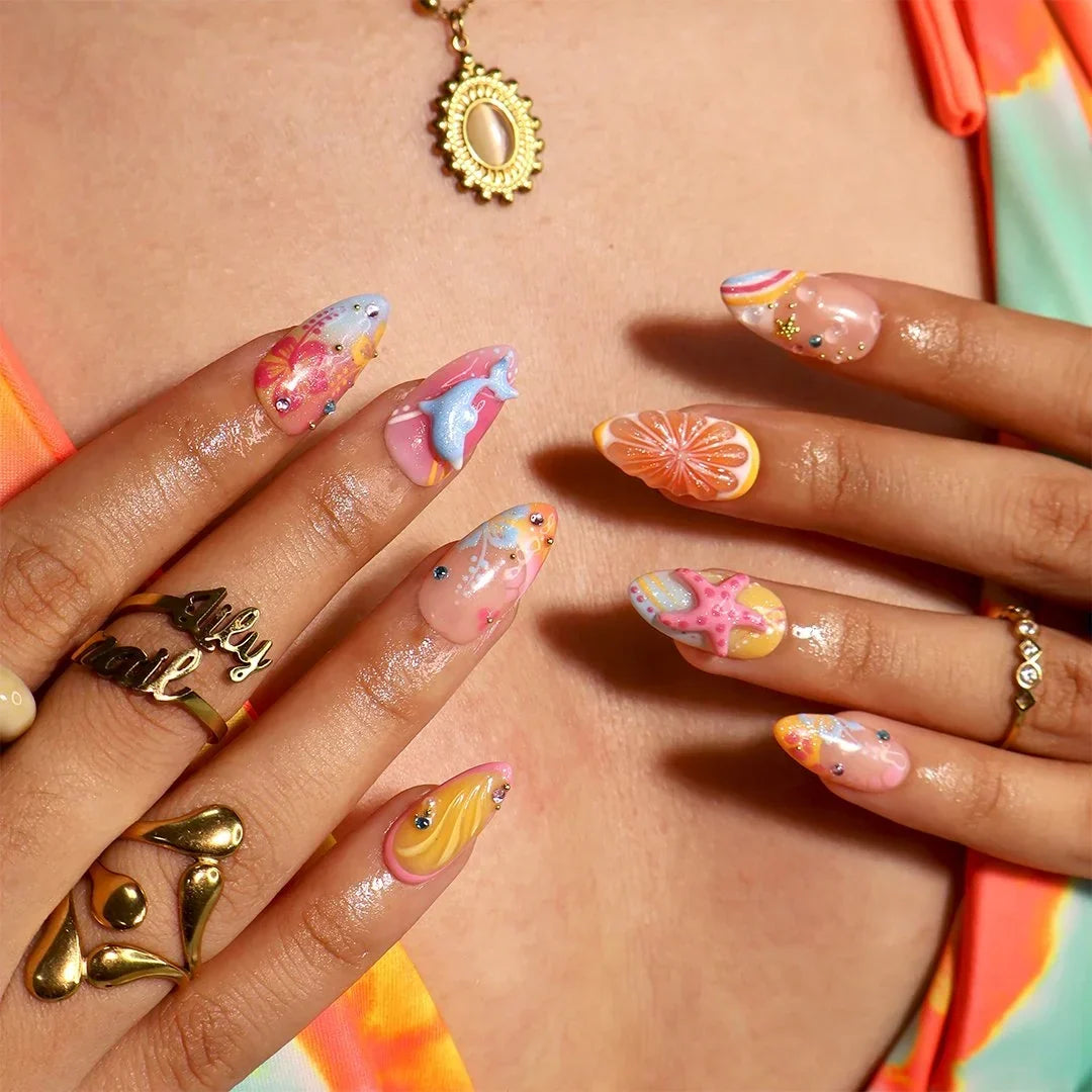 Lush Life 3D Floral Tropical Pink Orange Press On Nails