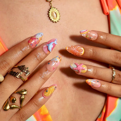 Lush Life 3D Floral Tropical Pink Orange Press On Nails