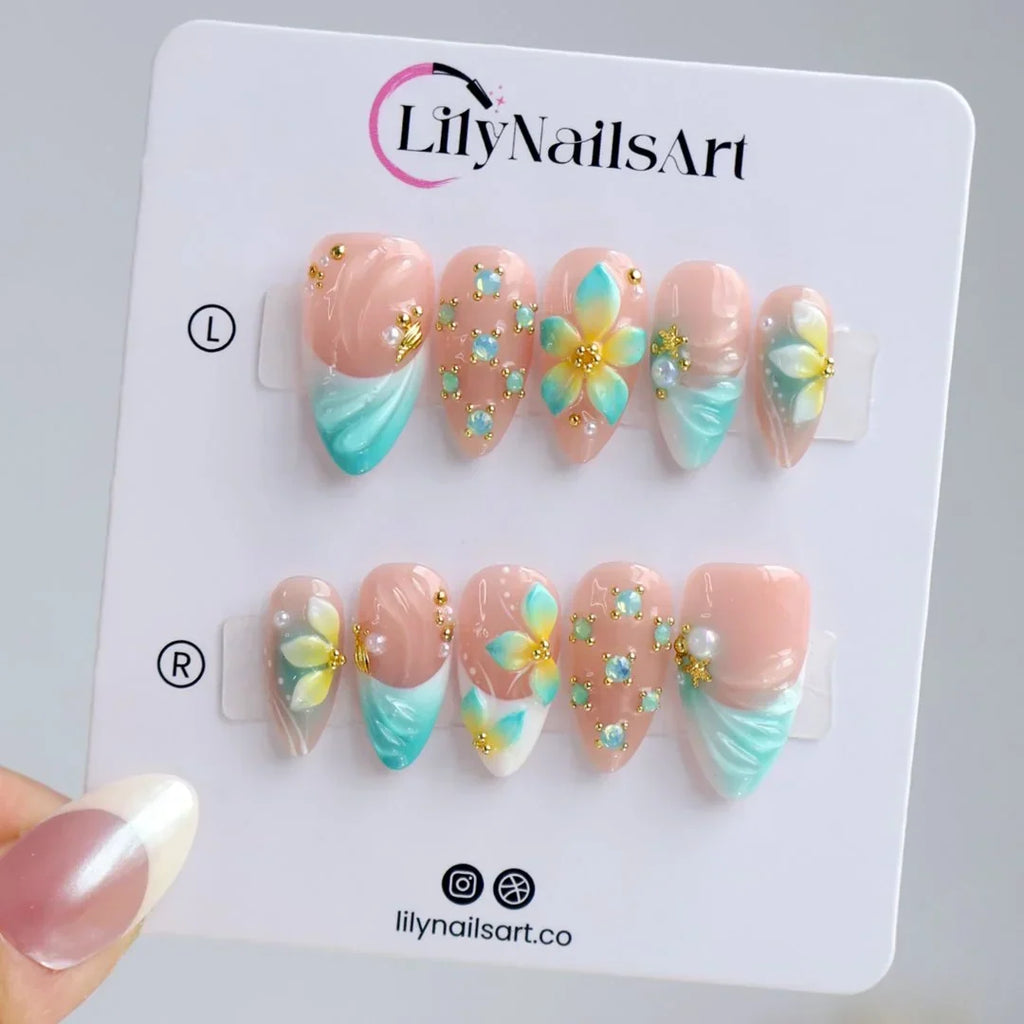 Aqua Dream Blue 3D Floral Press On Nails
