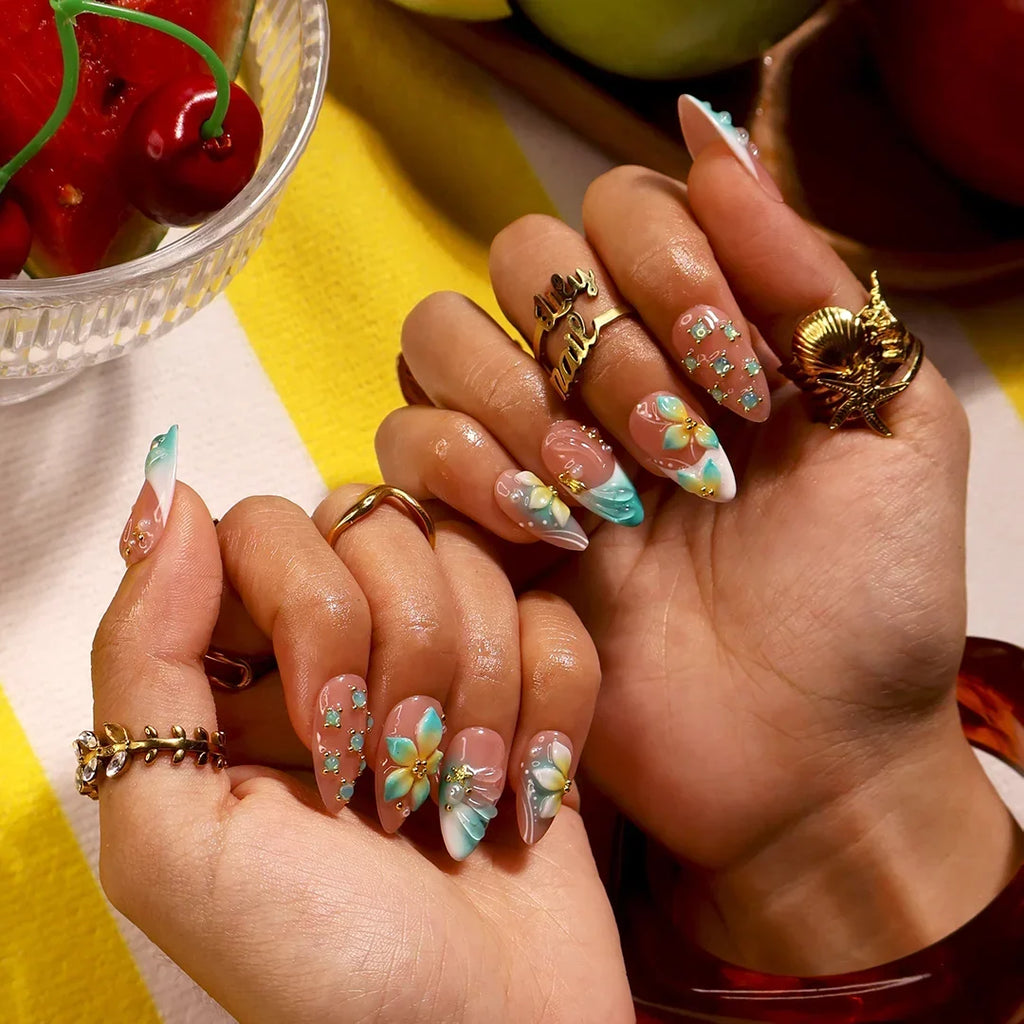 Aqua Dream Blue 3D Floral Press On Nails