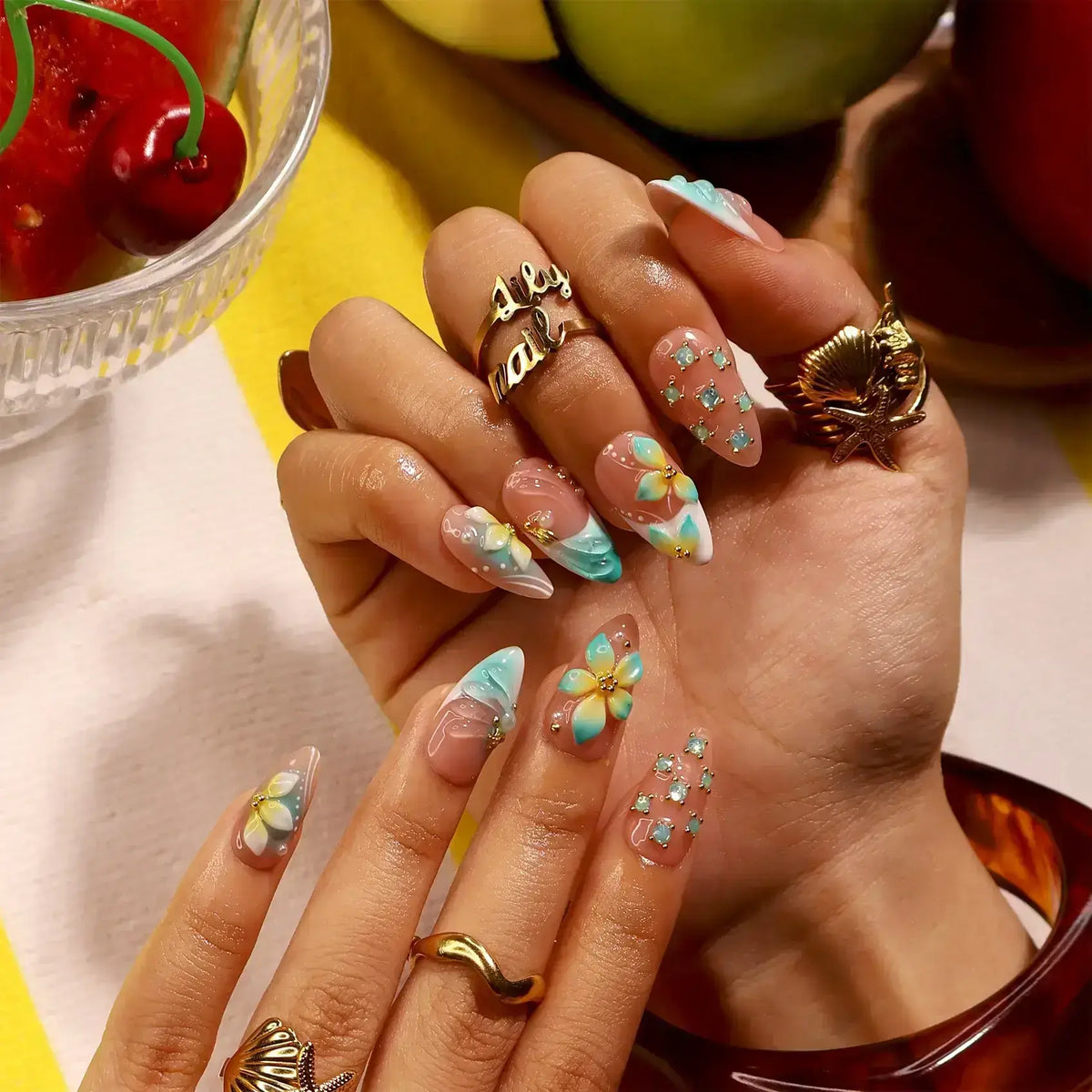 Aqua Dream Blue 3D Floral Press On Nails