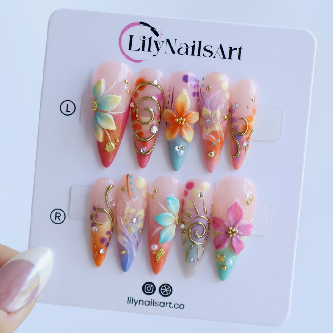 La Abundancia 3D Floral Pearl Blue Teal Press On Nails