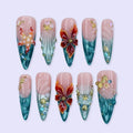 Abyssal Blue 3D Floral Handmade Press On Nails
