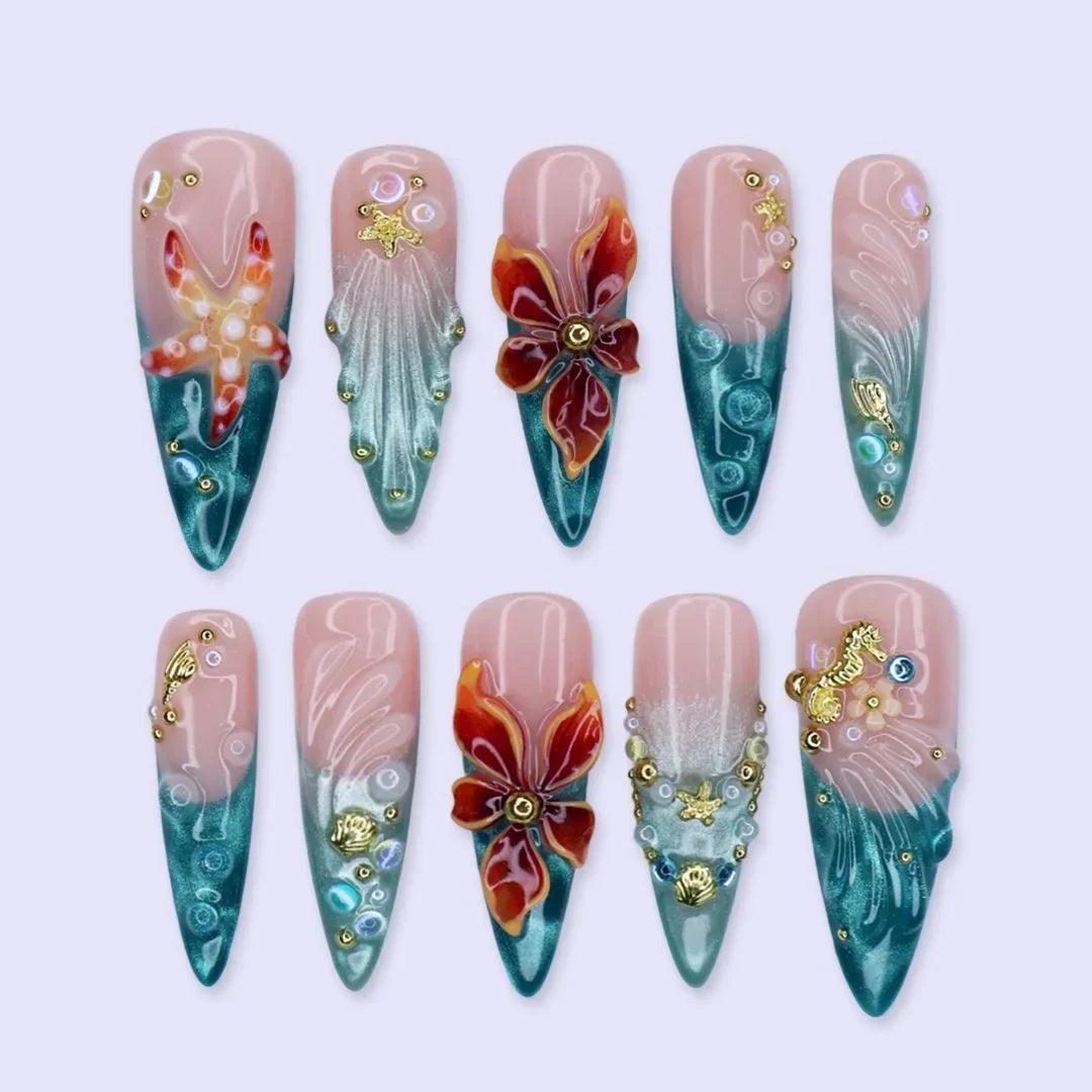 Abyssal Blue 3D Floral Handmade Press On Nails