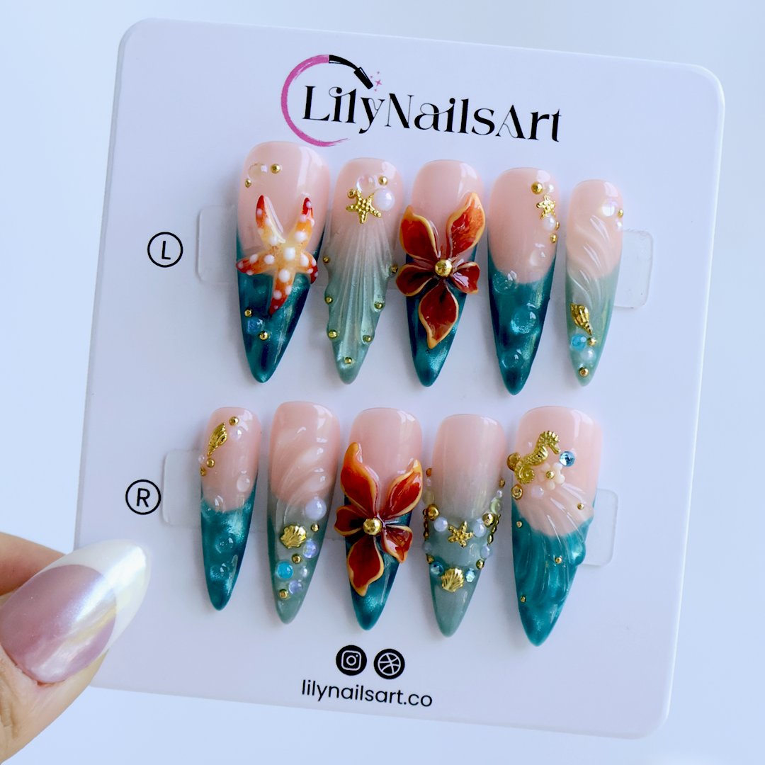 Abyssal Blue 3D Floral Handmade Press On Nails