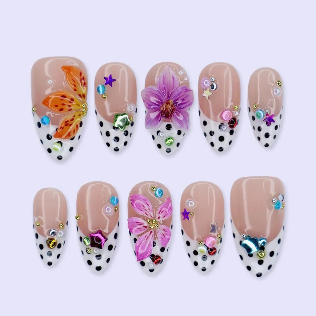 Confetti Purple Orange 3D Floral Press On Nails