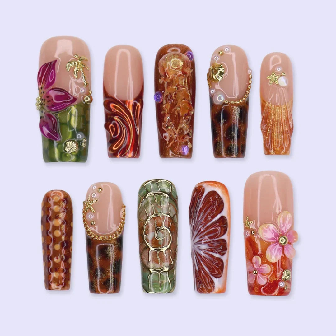 Amazonia Brown Green Handmade Press On Nails