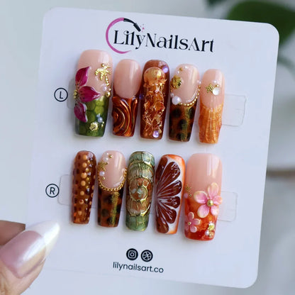 Amazonia Brown Green Handmade Press On Nails