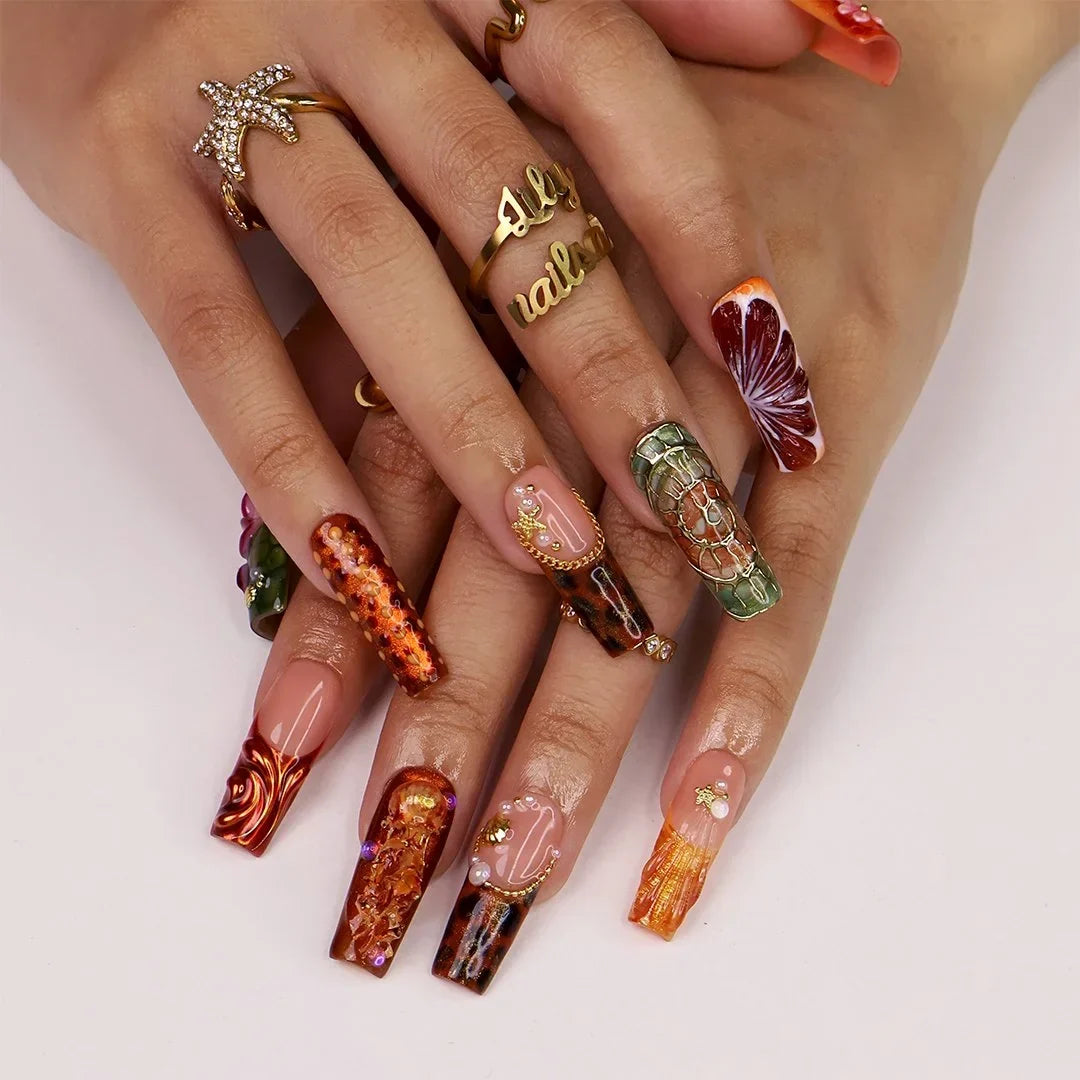 Amazonia Brown Green Handmade Press On Nails