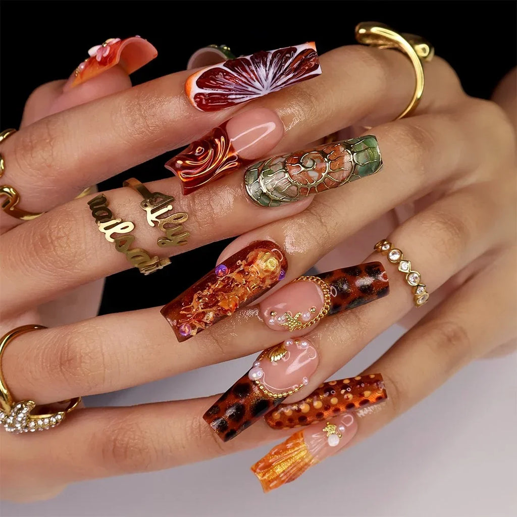 Amazonia Brown Green Handmade Press On Nails