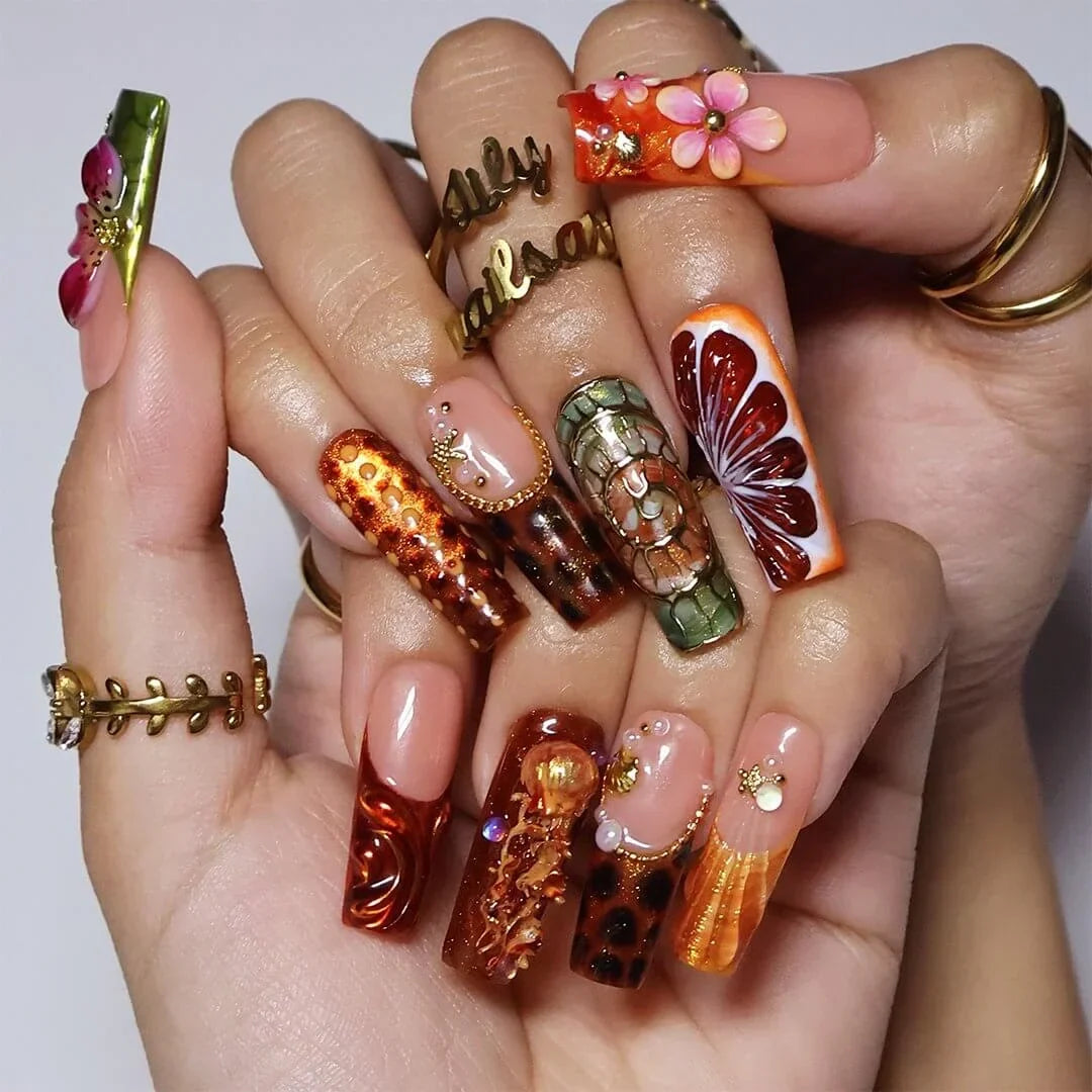 Amazonia Brown Green Handmade Press On Nails
