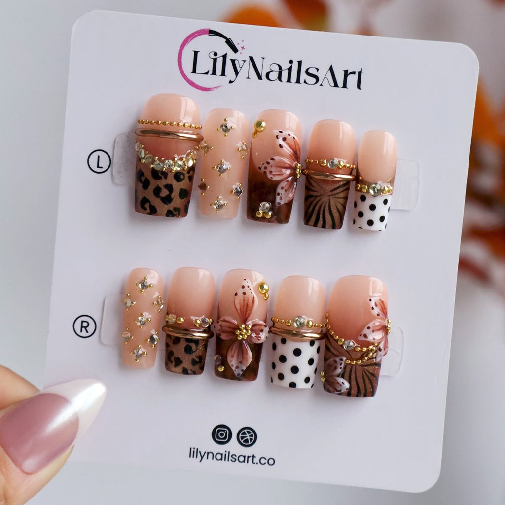 Coco Brown 3D Floral Fall Press On Nails
