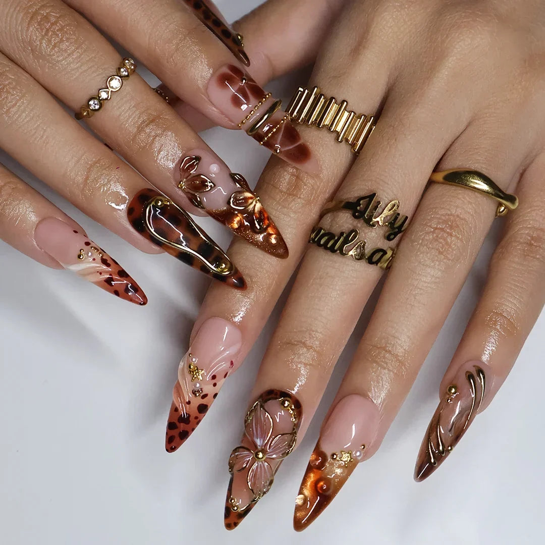 Cognac Brown 3D Floral Handmade Press On Nails