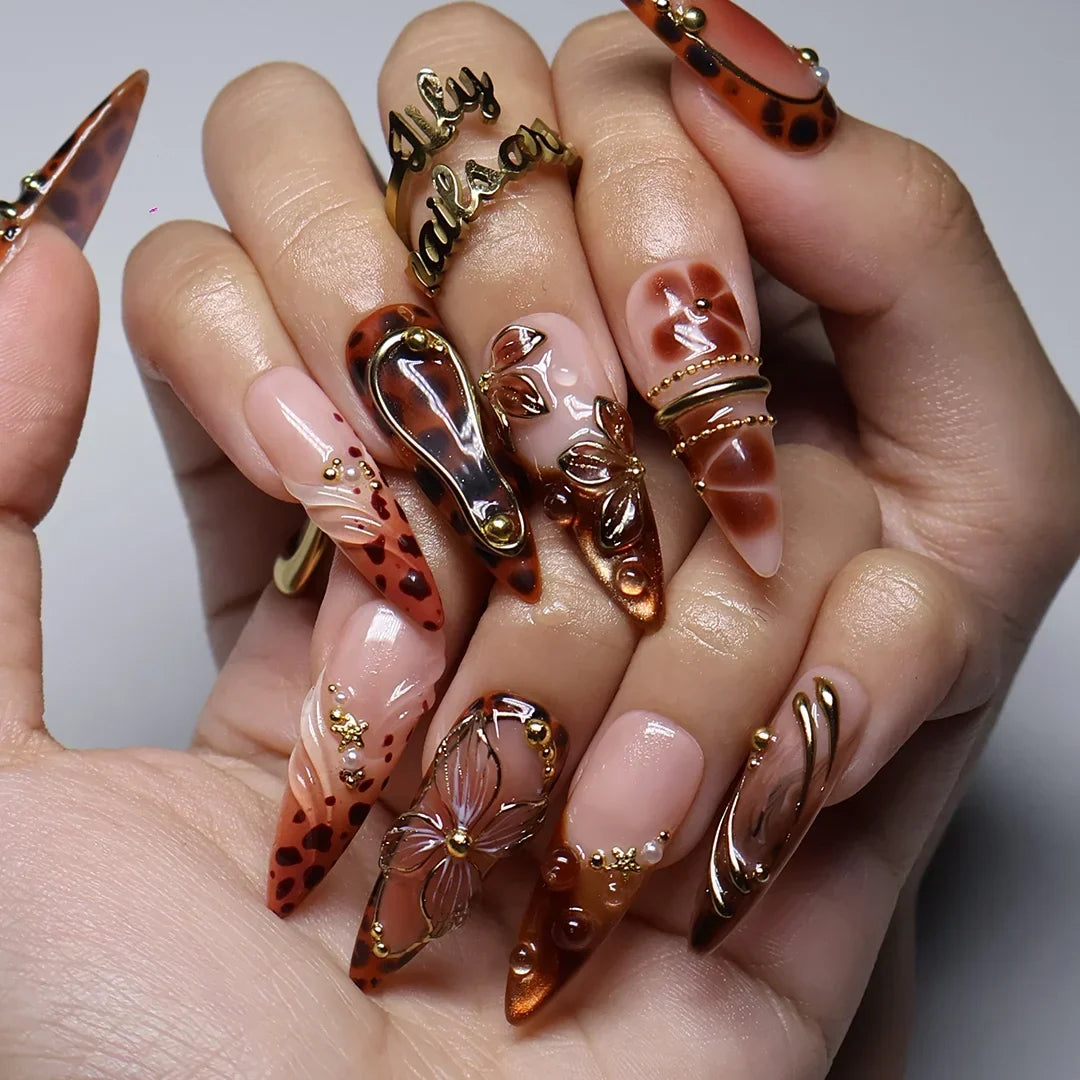 Cognac Brown 3D Floral Handmade Press On Nails