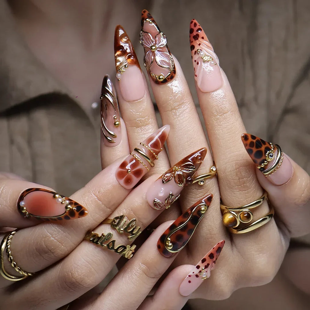 Cognac Brown 3D Floral Handmade Press On Nails