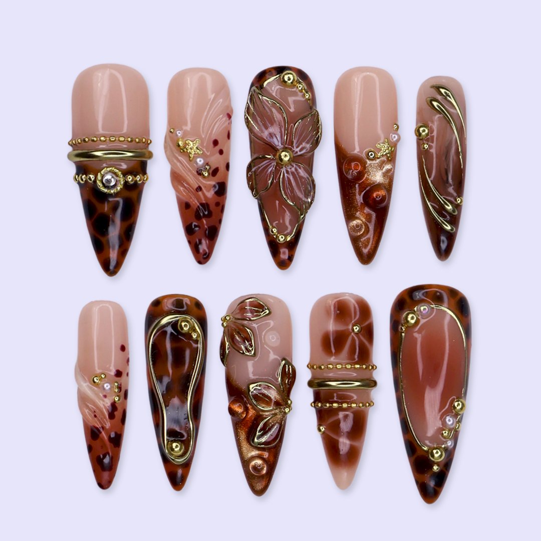 Cognac Brown 3D Floral Handmade Press On Nails