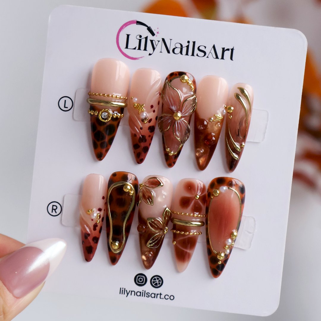 Cognac Brown 3D Floral Handmade Press On Nails