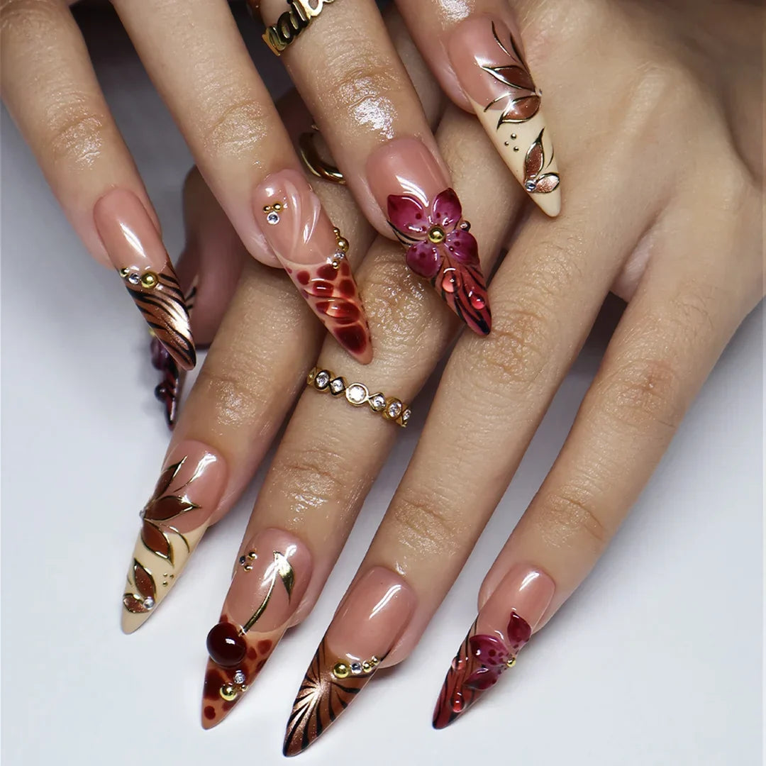 Marsala Cat Eye 3D Floral Nude Red Press On Nails
