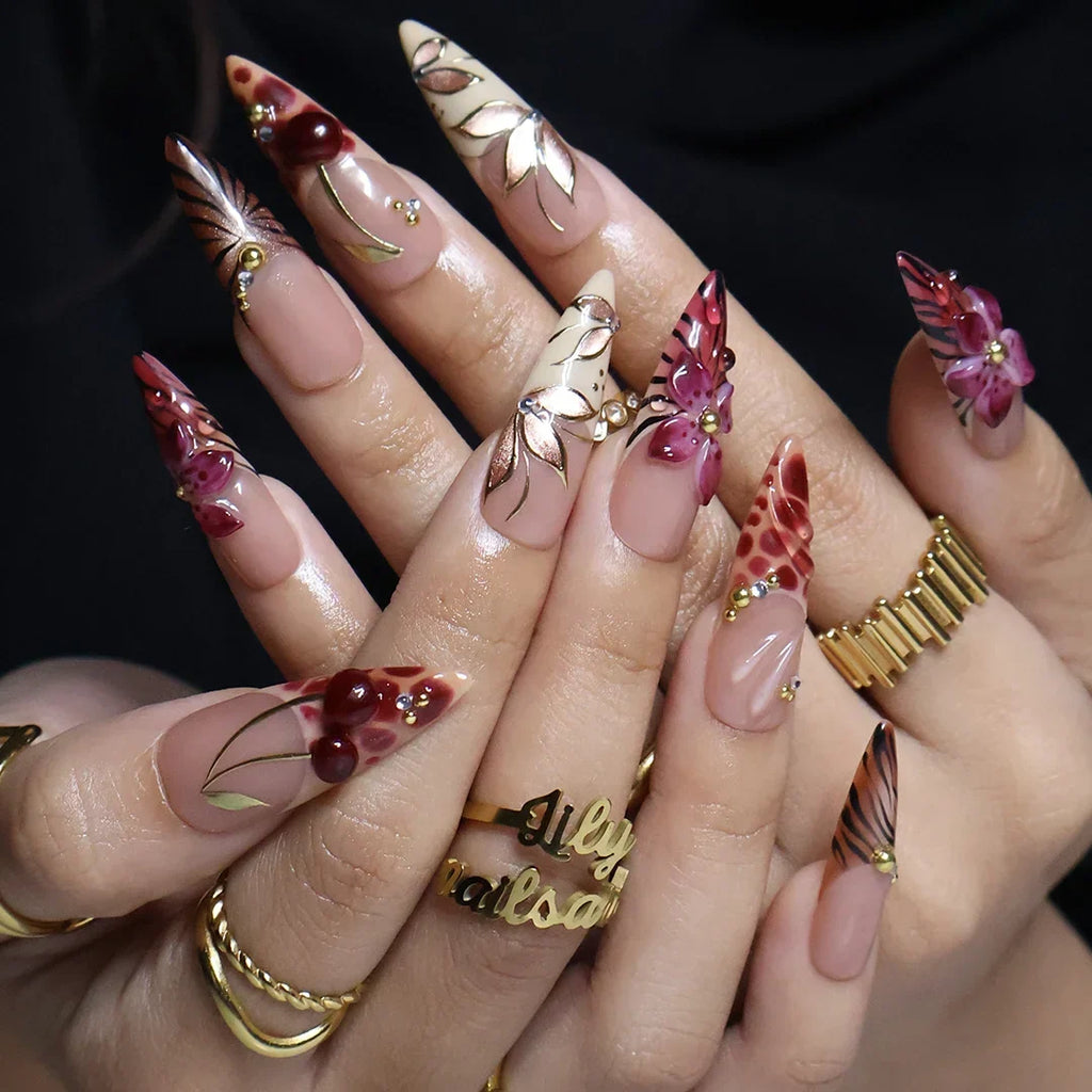 Marsala Cat Eye 3D Floral Nude Red Press On Nails