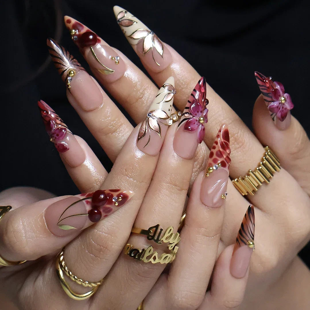 Marsala Cat Eye 3D Floral Nude Red Press On Nails