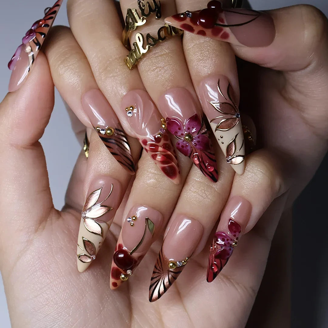 Marsala Cat Eye 3D Floral Nude Red Press On Nails
